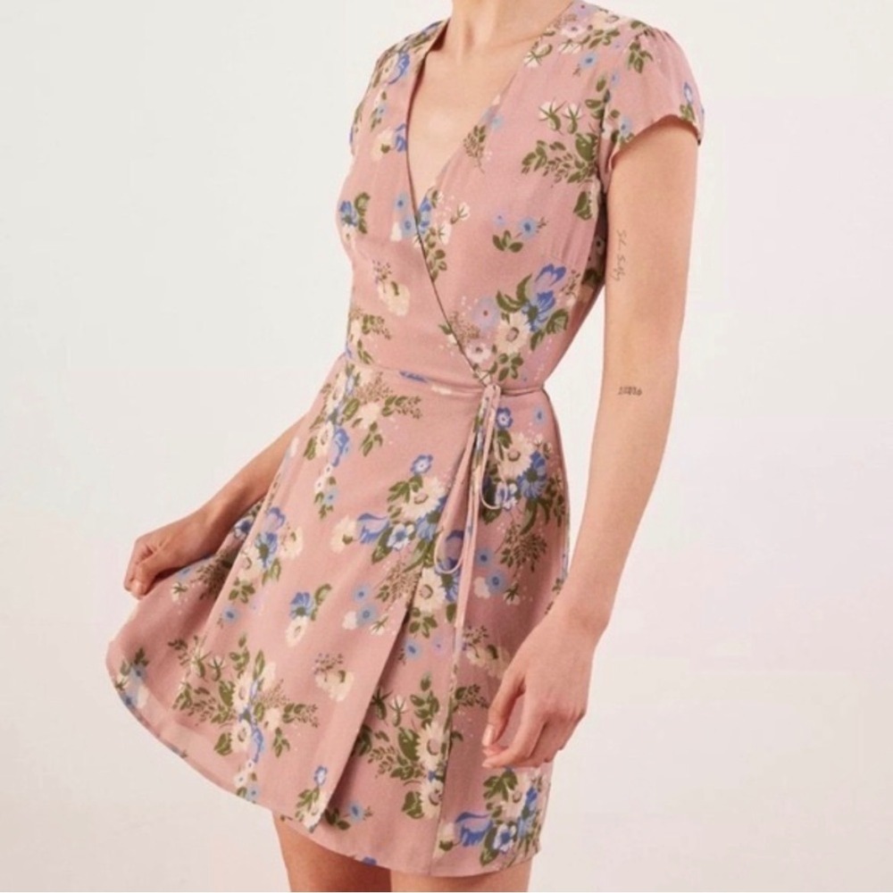 Reformation Dawn Pink Floral Wrap Mini Dress Short Flutter Sleeve V-Neck Small